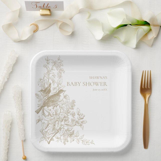 Assiettes En Carton Elégant Tan Chinoiserie Nature Birds Baby shower (Mariage)