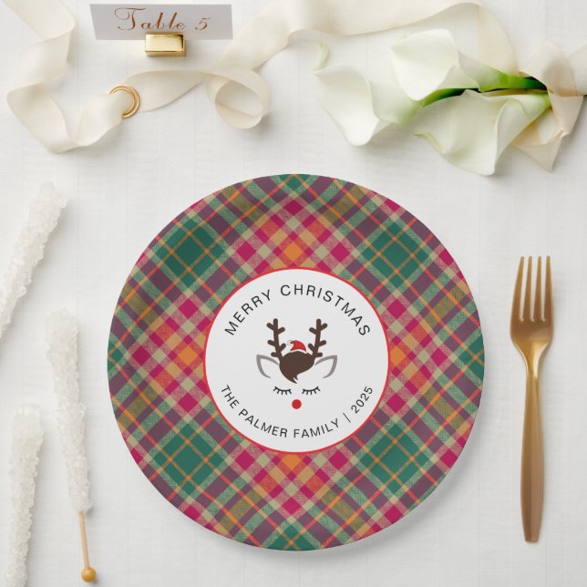 Assiettes En Carton Elegant Tartan Plaid & Reindeer Christmas Family (Mariage)