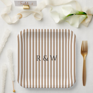 Assiettes En Carton Élégant Taupe Stripes Mariage Été