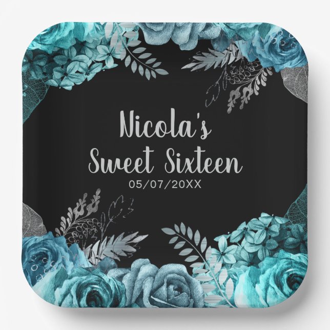 Assiettes En Carton Elegant Teal Blue and Silver Flowers Sweet Sixteen (Recto)