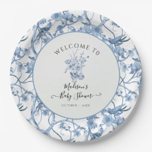 Assiettes En Carton Elégant Toile Florale Bleu et Baby shower blanc