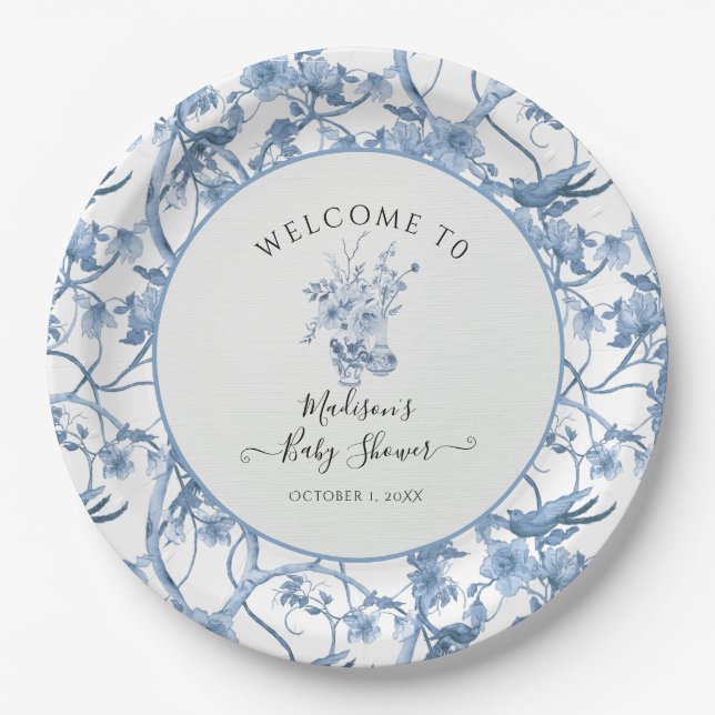 Assiettes En Carton Elégant Toile Florale Bleu et Baby shower blanc (Devant)