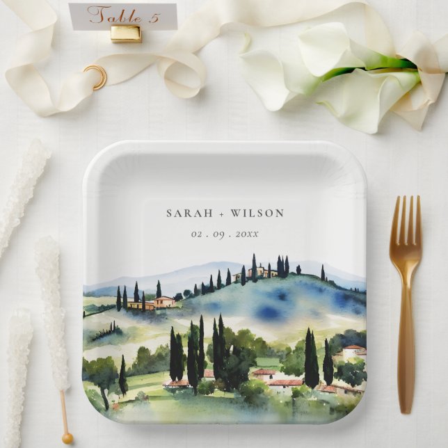 Assiettes En Carton Elégant Toscane Italie Aquarelle Mariage paysage (Mariage)