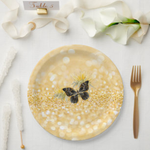 Assiettes En Carton Élégant tournesol étincelant noir papillon or