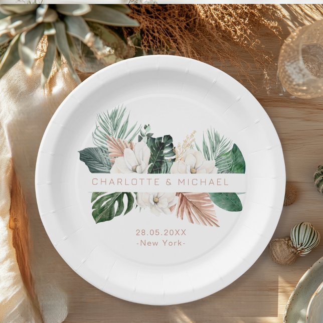 Assiettes En Carton Élégant, tropical, mariage feutré (Elegant, tropical, leafy wedding paper plates with your name and date.)