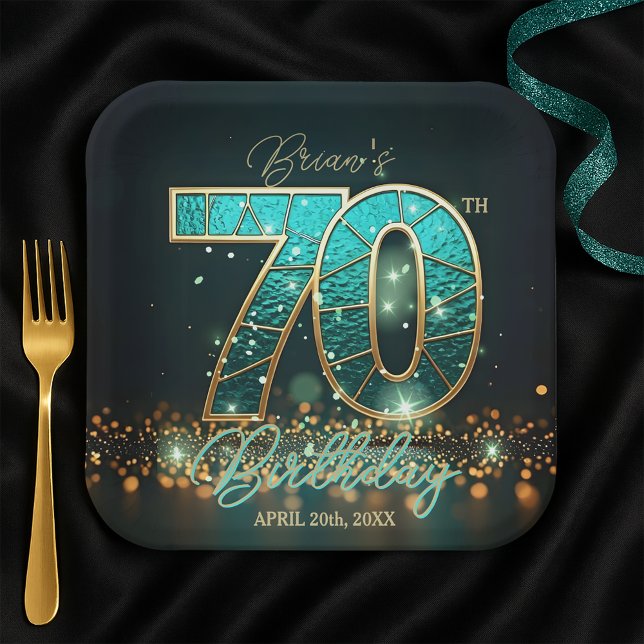 Assiettes En Carton Élégant Turquoise et doré verre doré 70e anniversa (Créateur téléchargé)