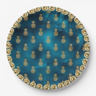 Assiettes En Carton Élégant Turquoise Turquoise Gold Pineappy Motif