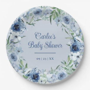 Assiettes En Carton Elégant Vintage Blue Floral Baby Baby shower garço
