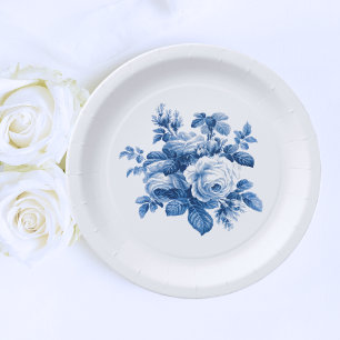 Assiettes En Carton Élégant Vintage Chine Bleu Roses