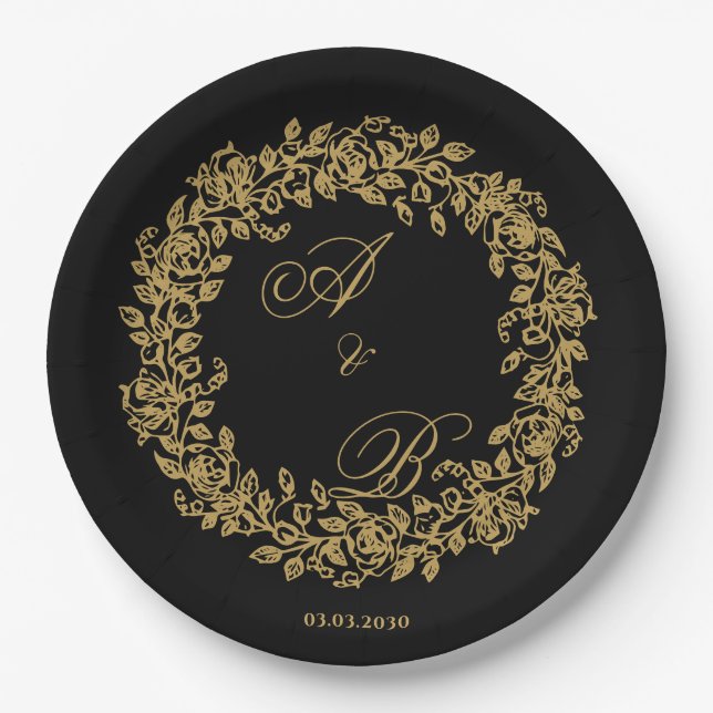 Assiettes En Carton Elegant Vintage French Gold Floral  (Devant)