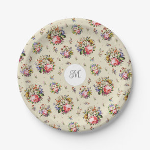 Assiettes En Carton Élégant Vintage rose fleuri Nom Monogramme