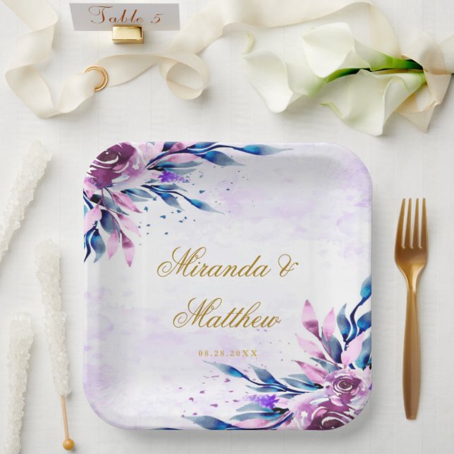 Assiettes En Carton Élégant violet et or Mariage de pivoines botanique (Mariage)