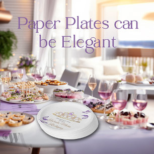 Assiettes En Carton Elégant violet Feuille Gold Tiara Quinceañera