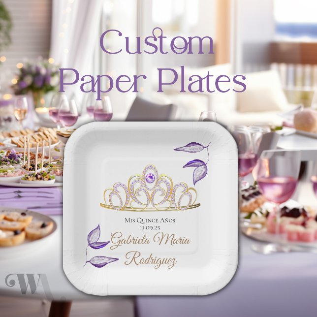 Assiettes En Carton Elégant violet Feuille Gold Tiara Quinceañera (Créateur téléchargé)