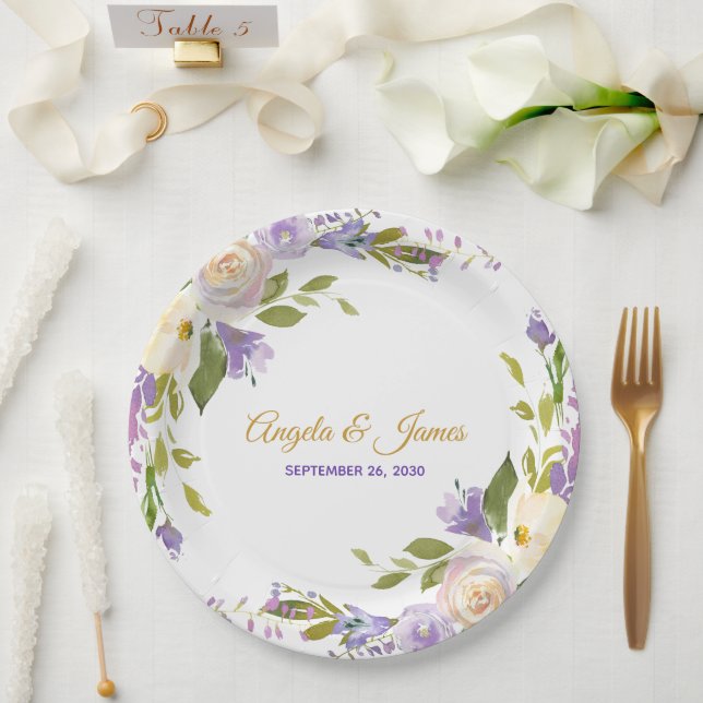 Assiettes En Carton Elégant violet or Aquarelle Mariage Floral (Mariage)