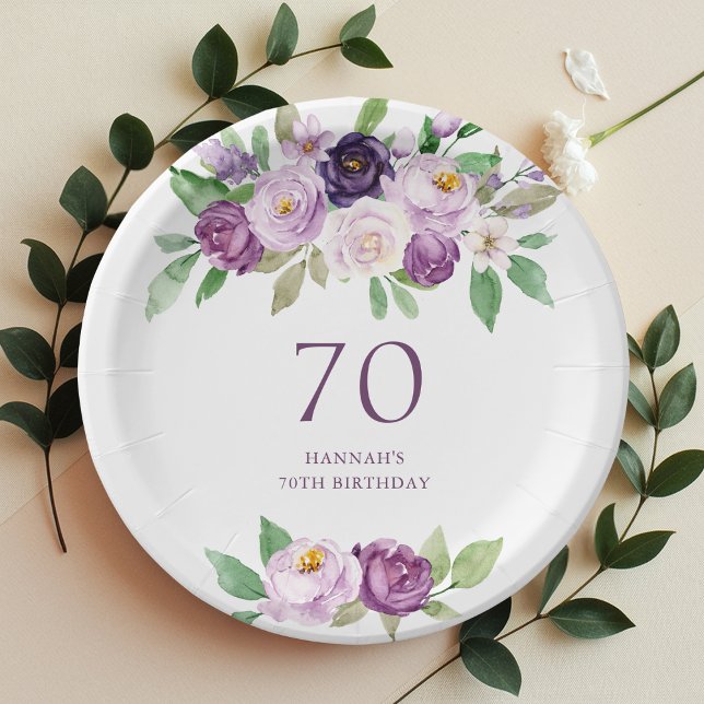 Assiettes En Carton Élégant violet | Violet Floral 70e anniversaire (Créateur téléchargé)