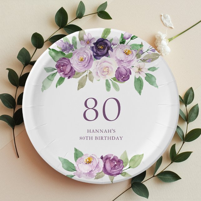 Assiettes En Carton Élégant violet | Violet Floral 80e anniversaire (Créateur téléchargé)