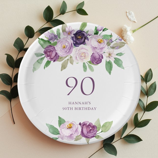 Assiettes En Carton Élégant violet | Violet Floral 90e anniversaire (Créateur téléchargé)