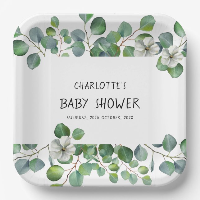 Assiettes En Carton Elegant Watercolor Eucalyptus Baby Shower (Recto)