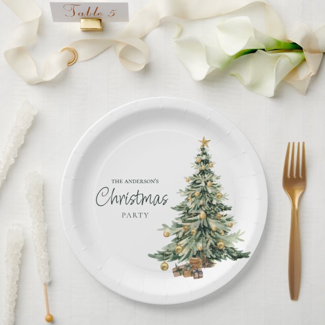 Assiettes En Carton Elegant Watercolor Tree Christmas Party  (Mariage)