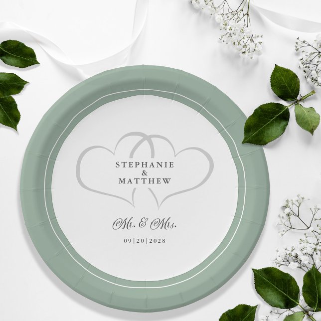 Assiettes En Carton Elegant Wedding Mr & Mrs Rustic Sage Green Hearts (Elegant Wedding Mr & Mrs Rustic Sage Green Romantic Hearts Guest Reception Dinner Paper Plates)