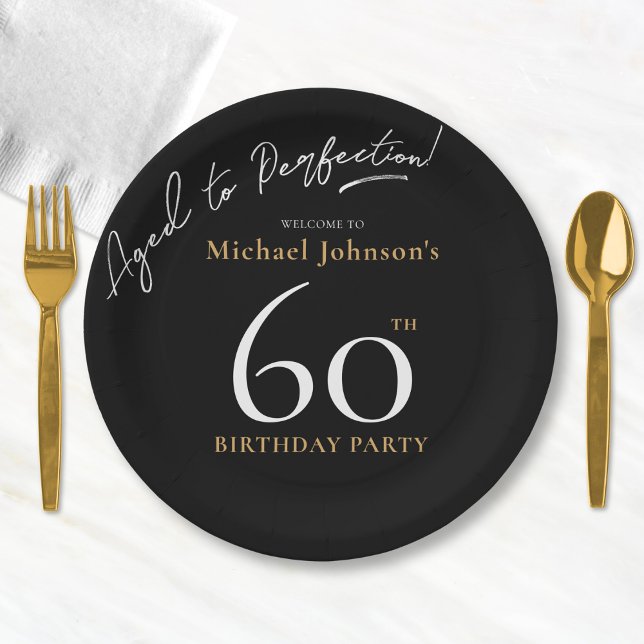 Assiettes En Carton Elégant Whiskey Black Gold 60e fête d'anniversaire (Mockup View)