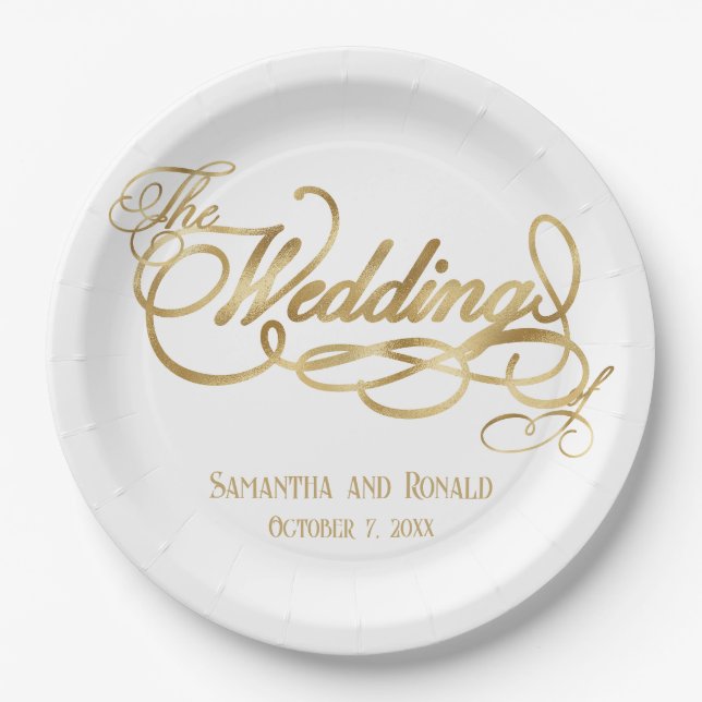 Assiettes En Carton Elegant White and Faux Gold Calligraphy Wedding (Devant)