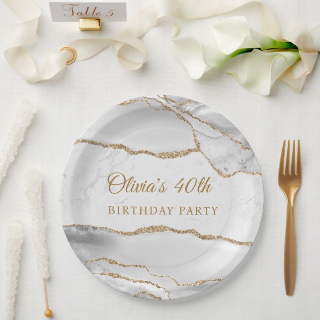 Assiettes En Carton Elegant White & Gold Agate Birthday Party (Mariage)