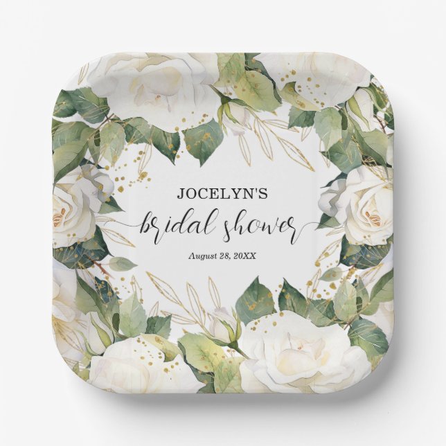 Assiettes En Carton Elegant White Roses Bridal Shower Square (Recto)
