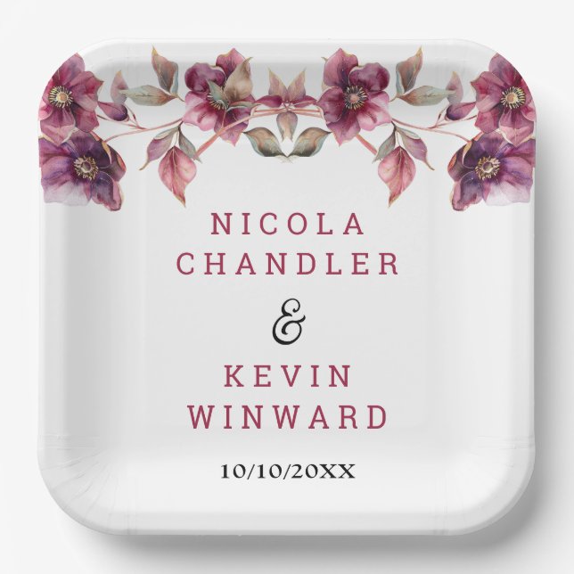 Assiettes En Carton Elegant Winter Hellebore Floral Burgundy Wedding (Recto)