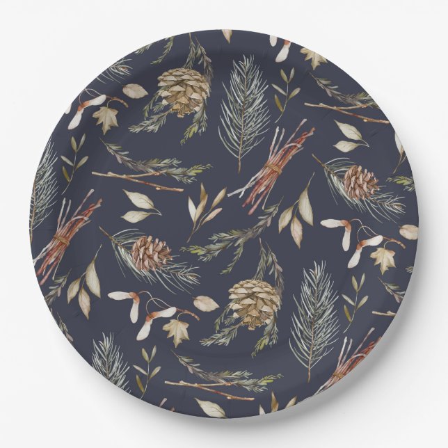 Assiettes En Carton Elegant Winter Paper Plates with Pinecones (Devant)