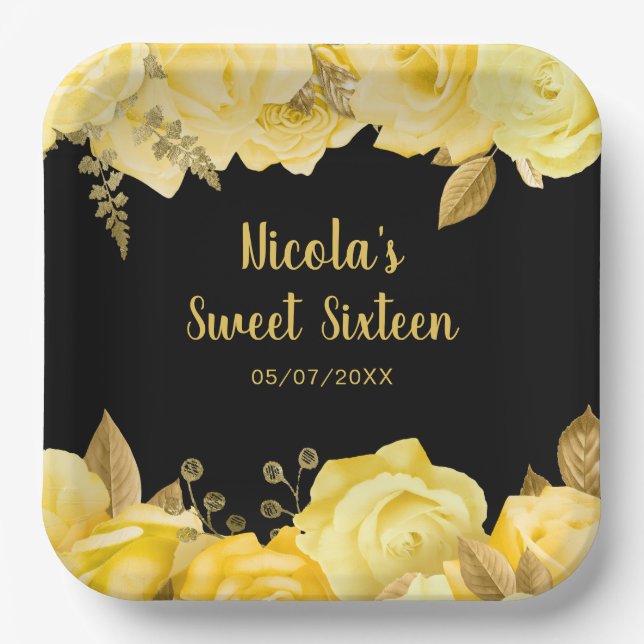 Assiettes En Carton Elegant Yellow and Gold Flowers Sweet Sixteen (Recto)