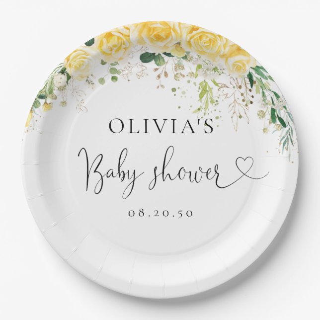 Assiettes En Carton Elegant Yellow Floral Baby Shower Paper Plate (Devant)