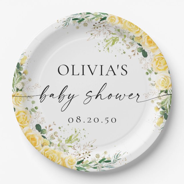 Assiettes En Carton Elegant Yellow Floral Baby Shower Paper Plate (Devant)