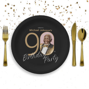 Assiettes En Carton Elégante 90e anniversaire Black Gold Photo personn
