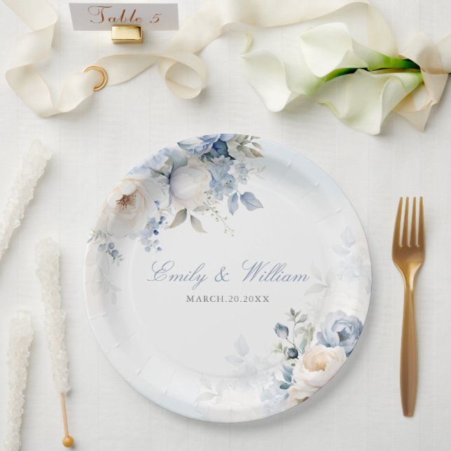 Assiettes En Carton Elégante aquarelle bleu Dusty Floral Mariage (Mariage)