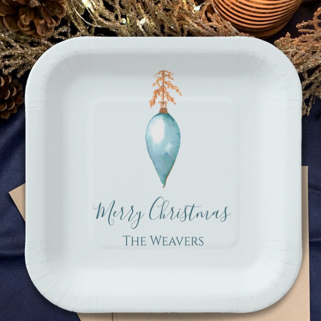 Assiettes En Carton Elégante aquarelle bleu unique Noël personnalisé (Add your name to customize the blue hand painted watercolor Christmas dinner paper plates. 
)