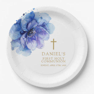 Assiettes En Carton Elégante Aquarelle Bleue Florale Sainte Communion