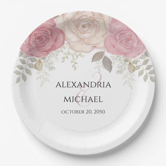 Assiettes En Carton Elégante aquarelle Bourgogne Mariage floral simple (Devant)