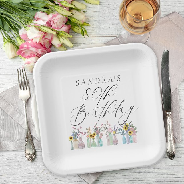 Assiettes En Carton Elégante aquarelle florale 80e anniversaire (Créateur téléchargé)