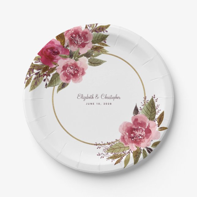 Assiettes En Carton Elégante aquarelle Florale Verdure Mariage (Devant)