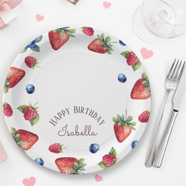 Assiettes En Carton Elégante aquarelle fraise Berry Joyeux anniversair (Créateur téléchargé)