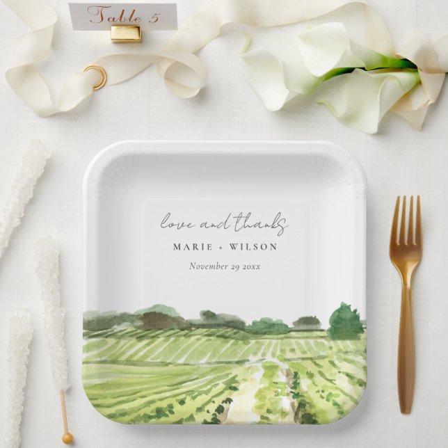 Assiettes En Carton Elégante aquarelle Green Winery Vignoble Mariage (Mariage)