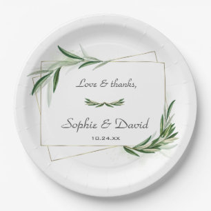 Assiettes En Carton Elégante aquarelle Olive Greenery Mariage or