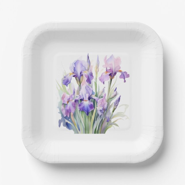 Assiettes En Carton Elégante Aquarelle Plaques de papier Iris (Recto)