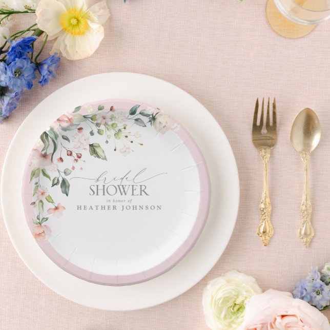 Assiettes En Carton Elégante aquarelle rose Fête des mariées florale (Easily personalize this bridal shower paper plate for a beautiful event!)