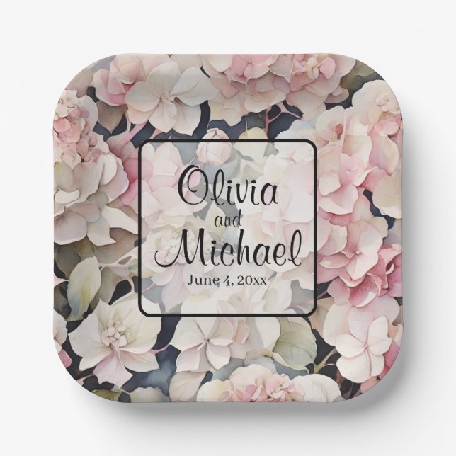 Assiettes En Carton Elégante aquarelle rose hydrangées florales (Recto)