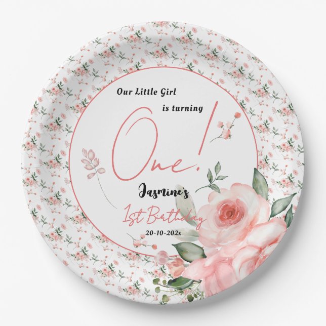 Assiettes En Carton Elégante aquarelle Rose Rose fille 1er anniversair (Devant)