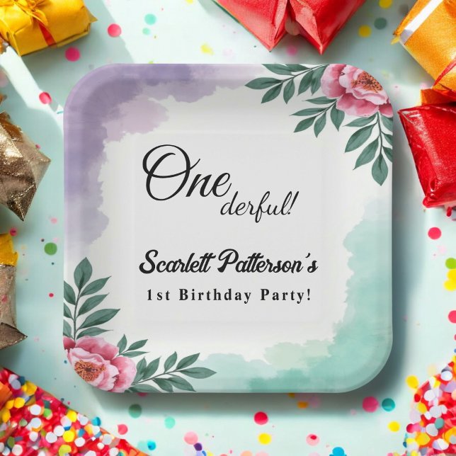 Assiettes En Carton Elégante aquarelle rustique Floral Boho 1er annive (Créateur téléchargé)