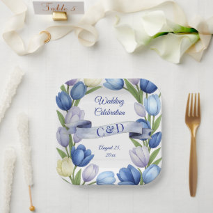 Assiettes En Carton Elégante aquarelle Tulipe Mariage de couronne bleu